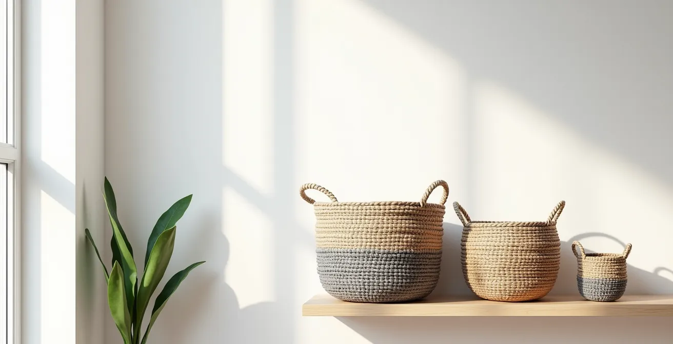 Panier en vannerie de papier journal tressé dans un intérieur épuré avec lumière naturelle