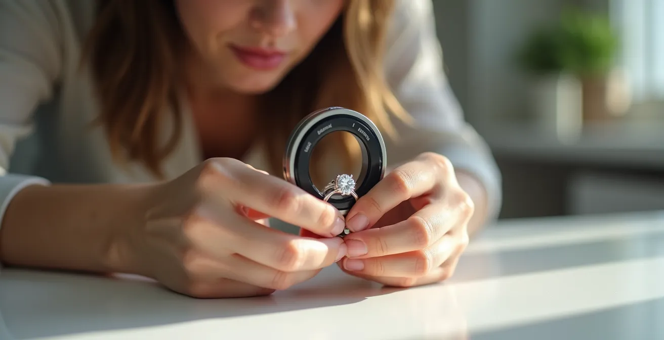 Inspection minutieuse des griffes d'une bague solitaire avec une loupe de joaillier dans un environnement lumineux
