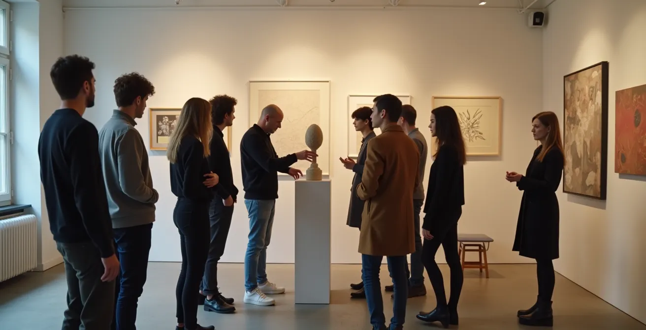 Vernissage intimiste dans une galerie du Marais avec jeunes collectionneurs observant des pièces de design